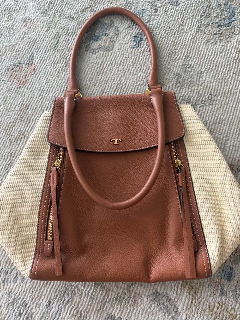 Tory Burch Cognac Leather and Cream Woven Shoulder Bag - Picture 11 of 11
